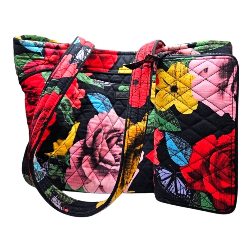 Vera Bradley Black Quilted Tote with Multicolor Floral Print Wallet Lot